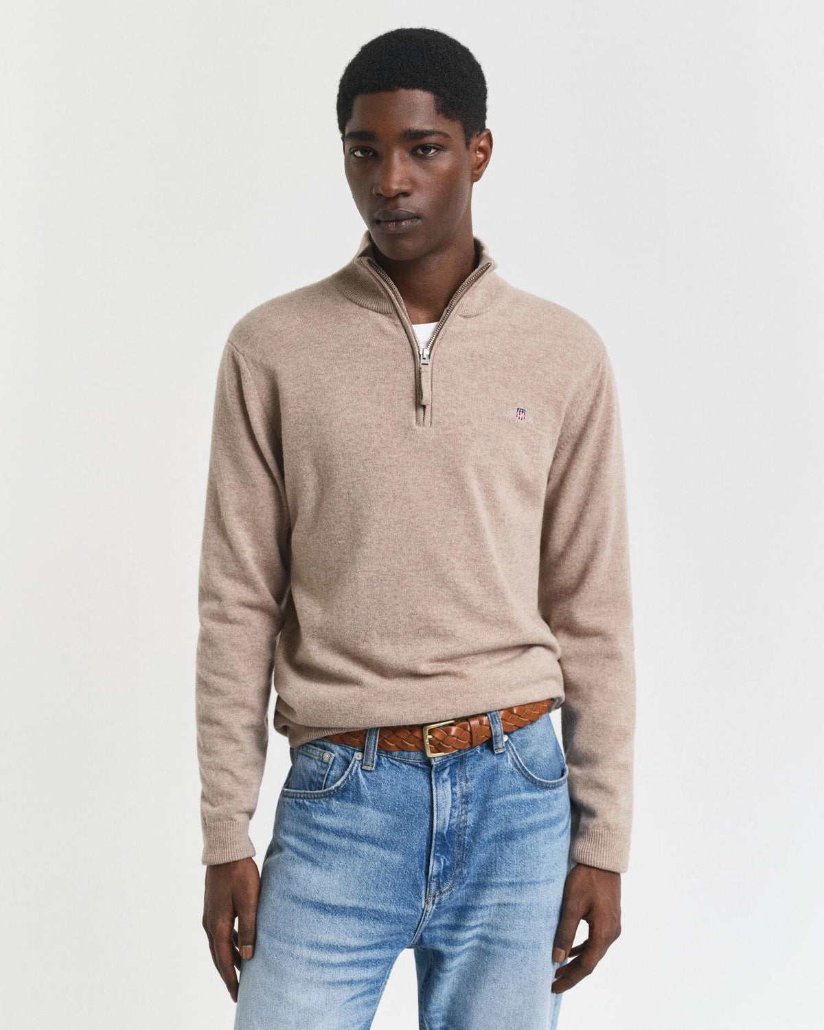 SUPERFINE LAMBSWOOL HALF ZIP DARK SAND MEL