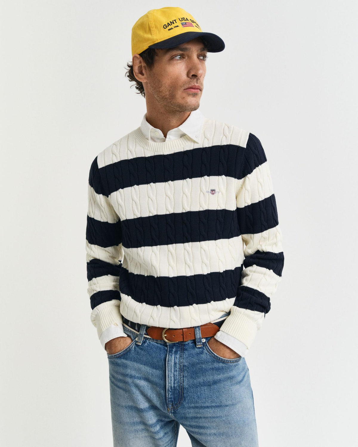 STRIPED COTTON CABLE C-NECK 8050605 EVENING BLUE