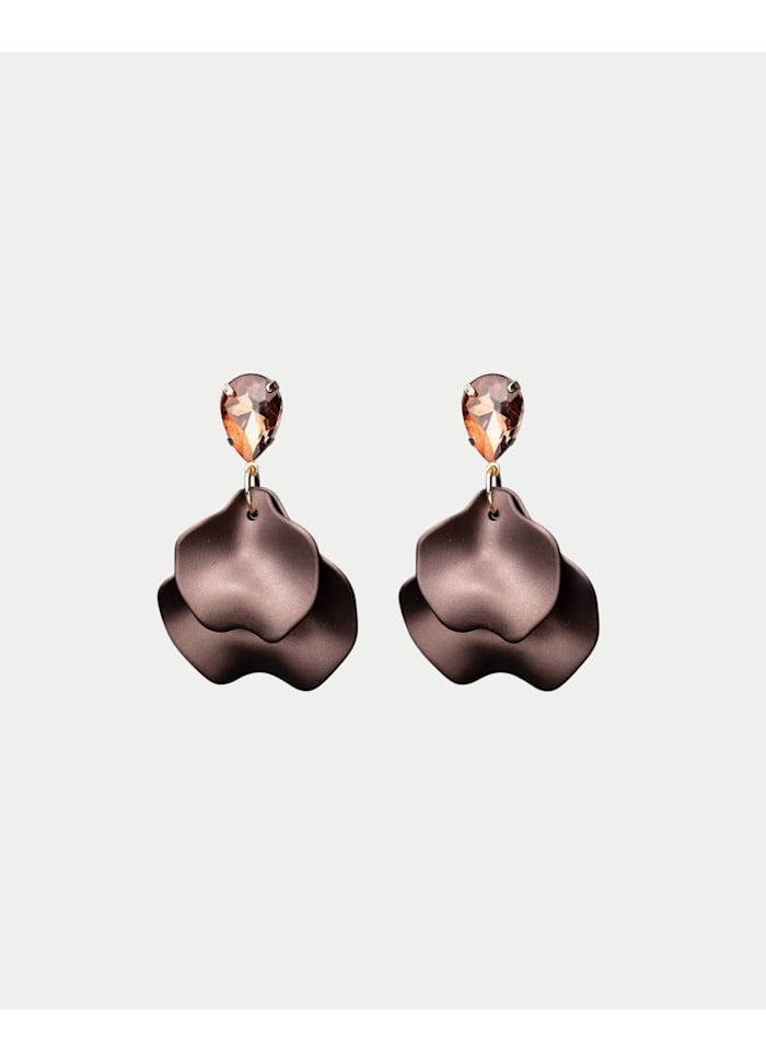 Leaf Earrings Cz Pearl Dark Brown