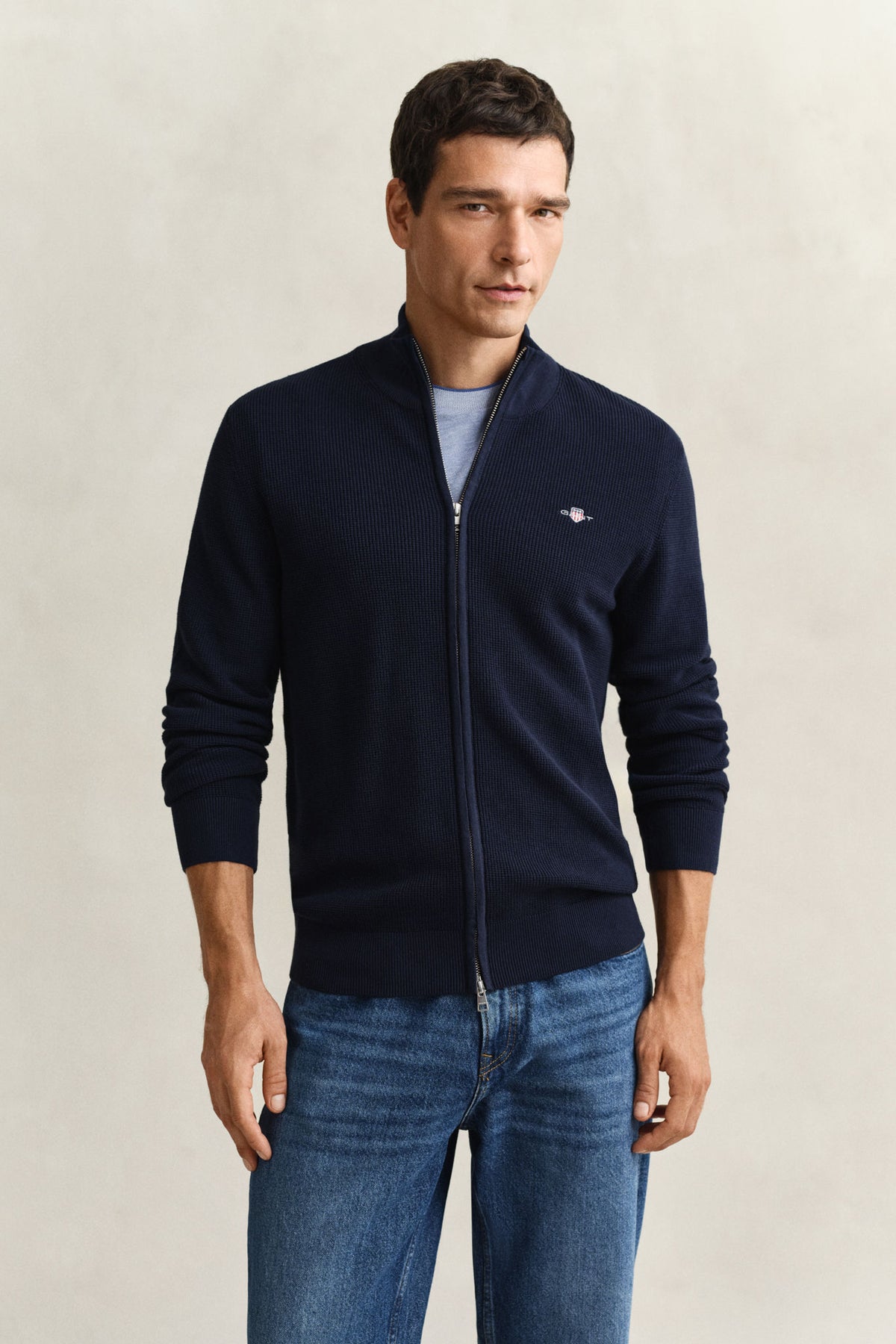 Micro Textured Cotton Zip Cardigan Evening Blue