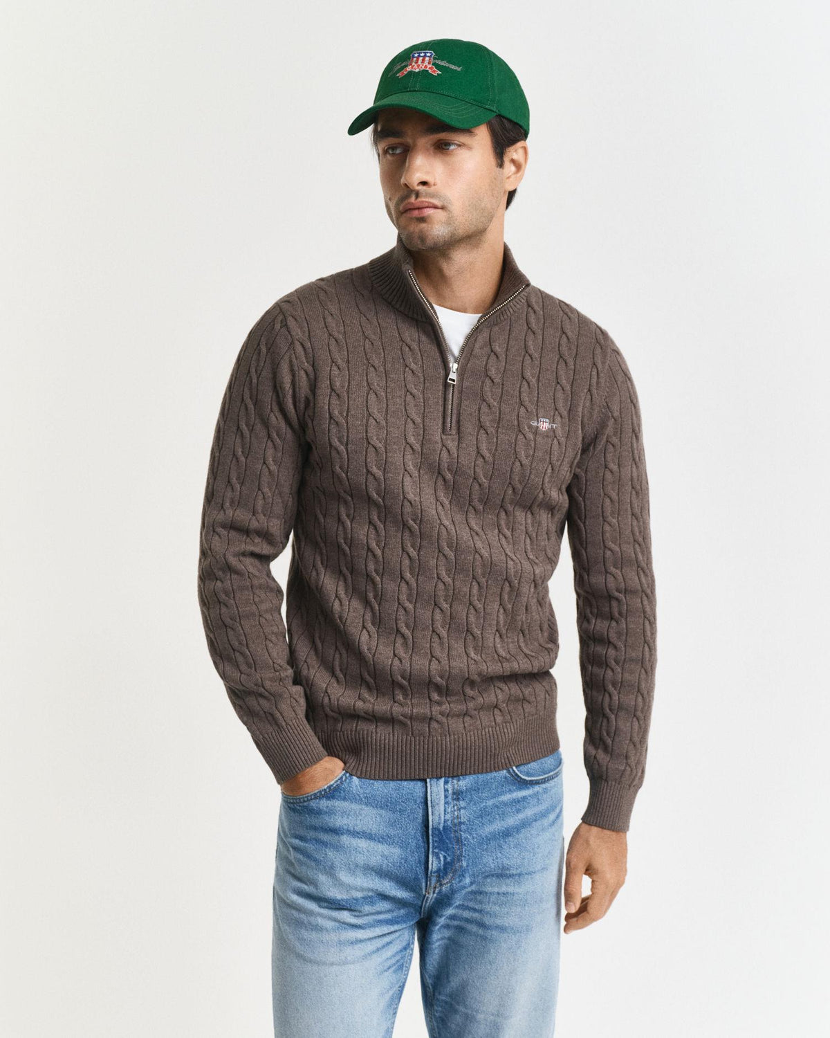 COTTON CABLE HALF ZIP 8050603 SEAWOOD MEL