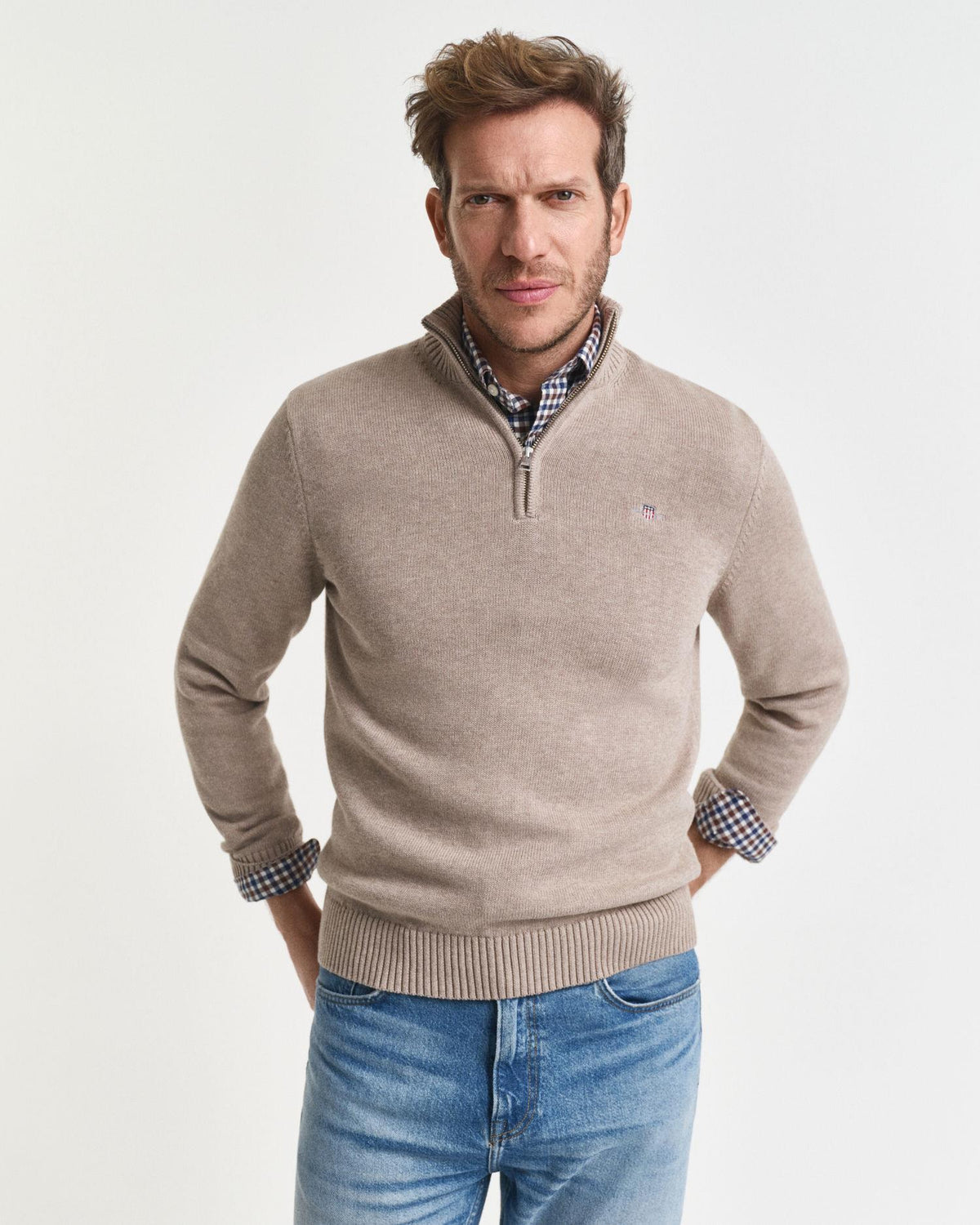 CASUAL COTTON HALF ZIP 8030170 DK SAND MEL