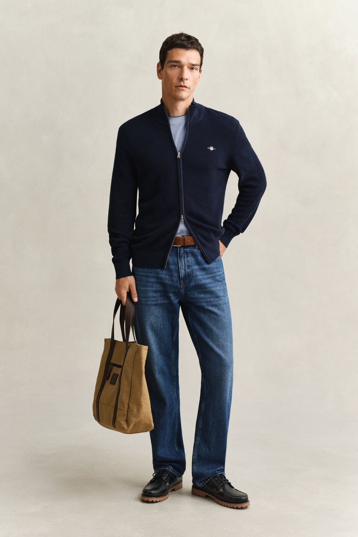 Micro Textured Cotton Zip Cardigan Evening Blue