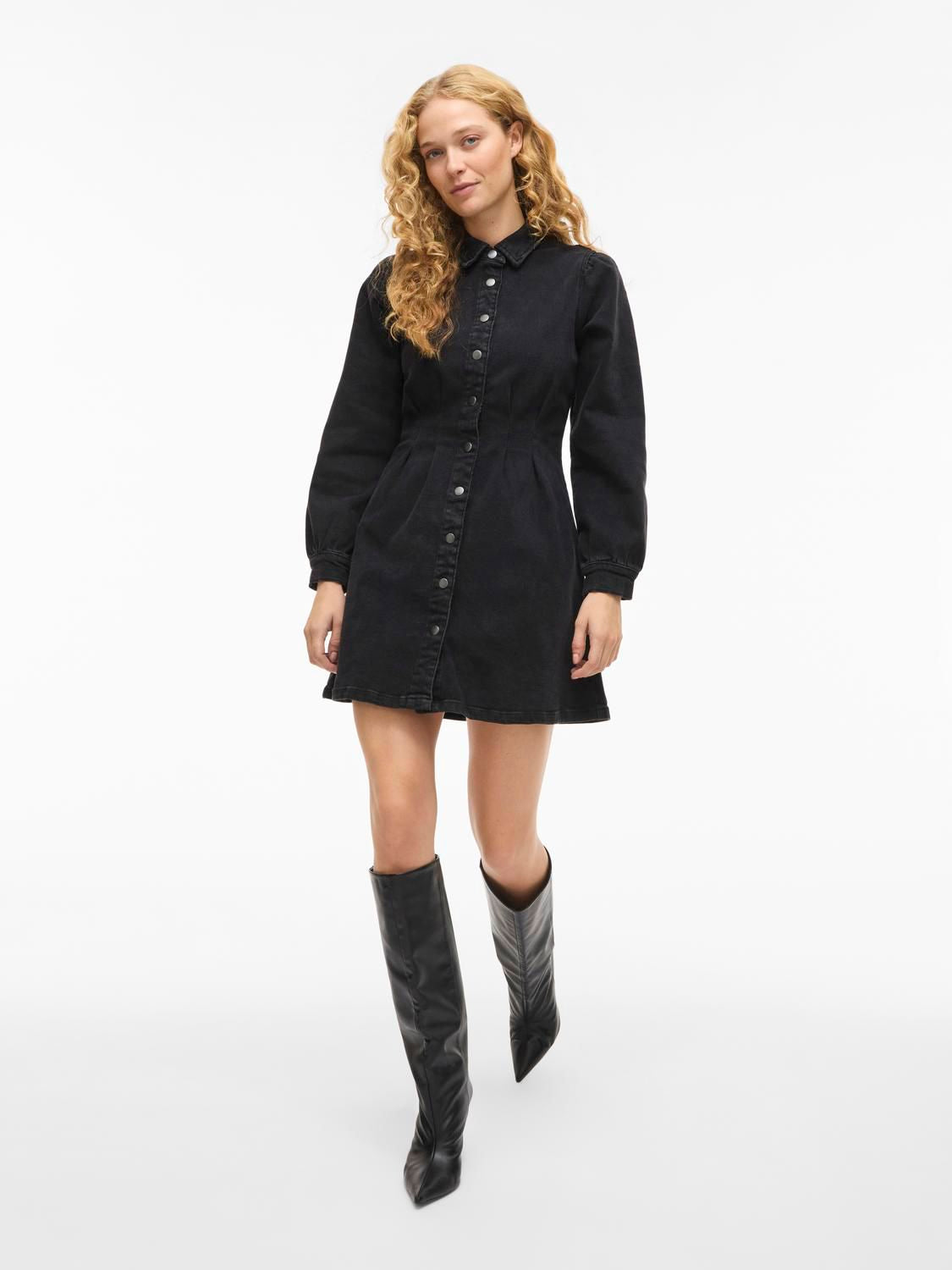 VISOL L/S PLEAT DENIM DRESS BLACK/LN Black Denim