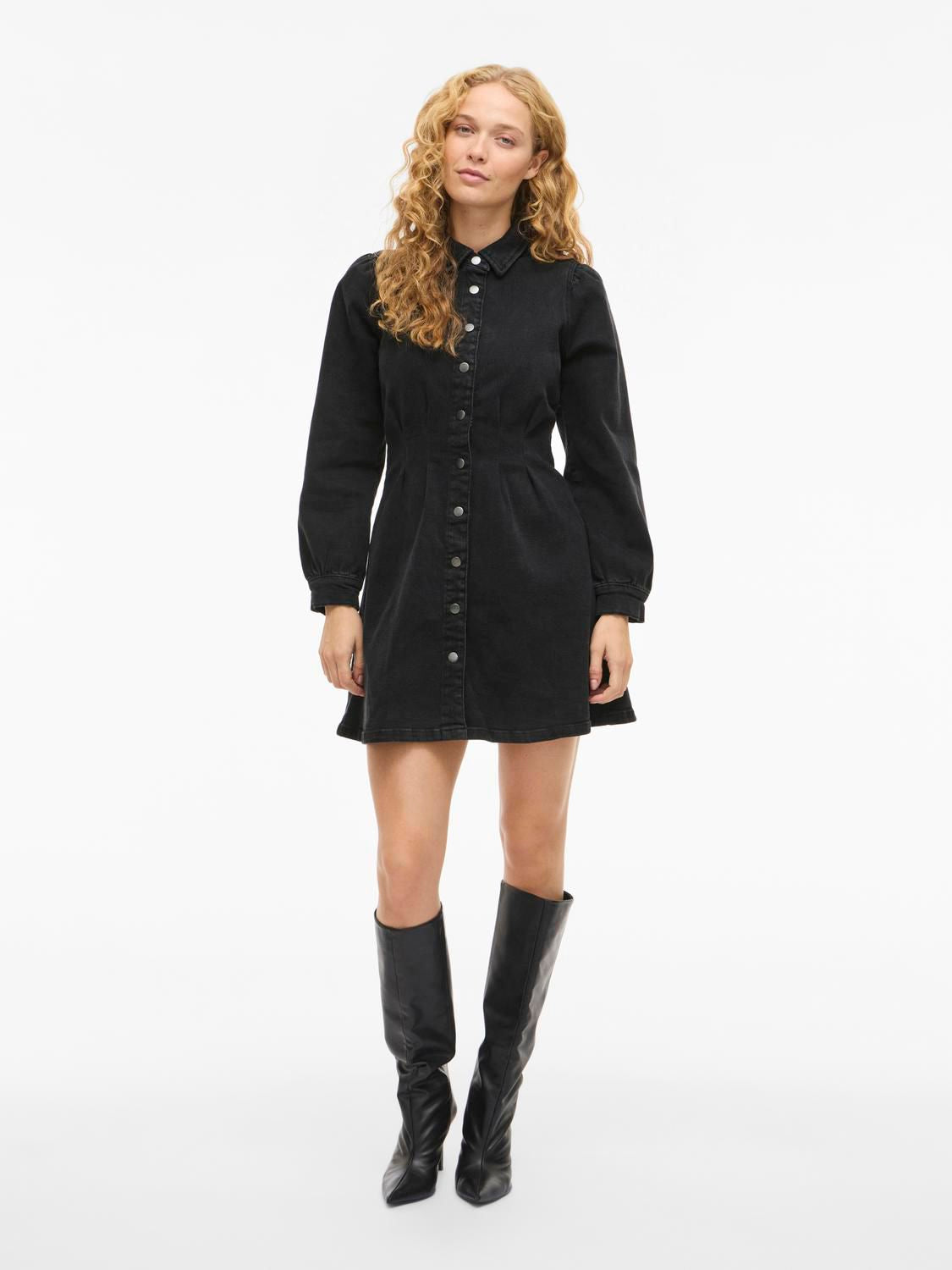 VISOL L/S PLEAT DENIM DRESS BLACK/LN Black Denim