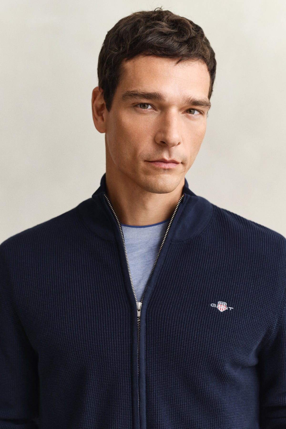 Micro Textured Cotton Zip Cardigan Evening Blue